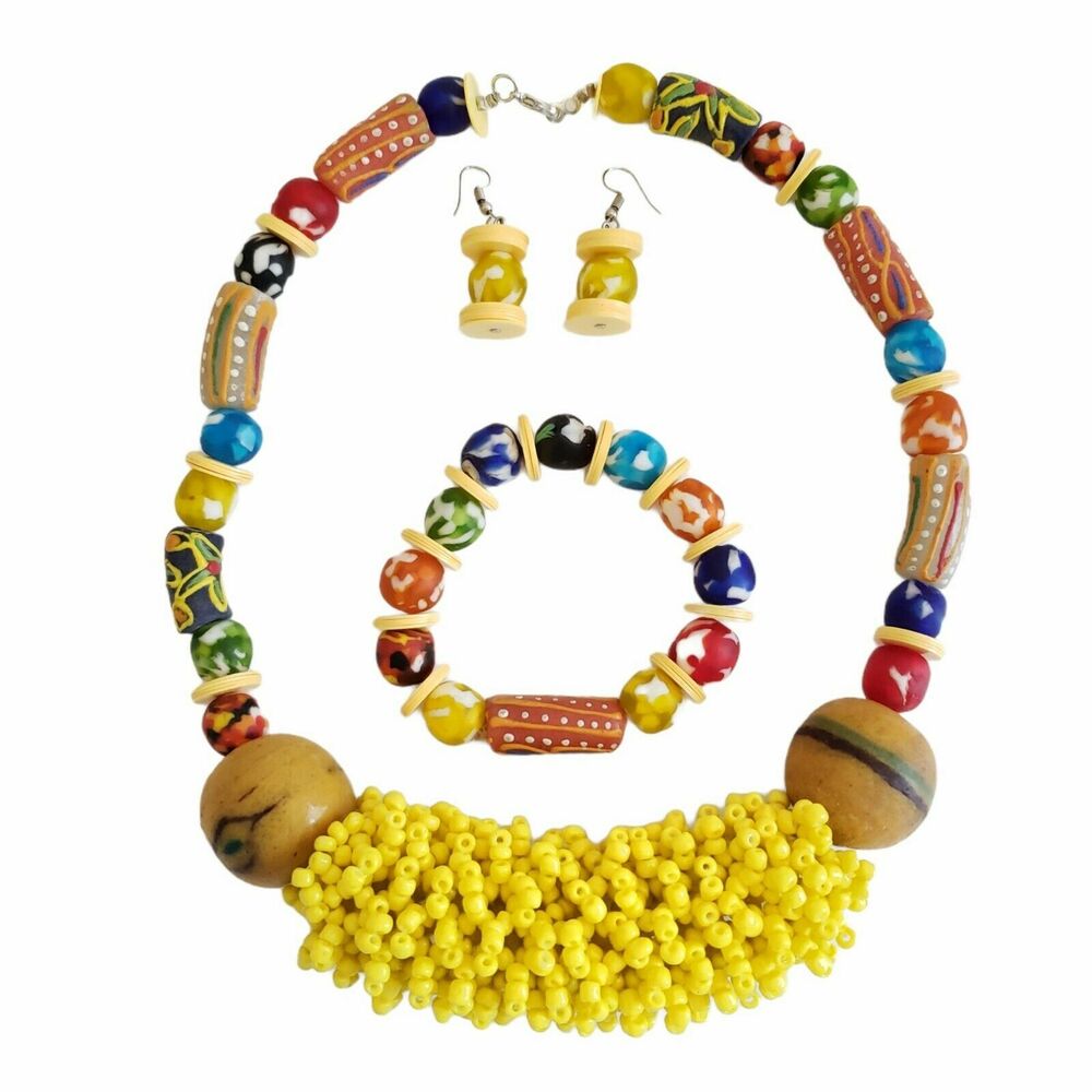 set of 3 AFRICAN handmade trade bead choker statement necklace bracelet earrings